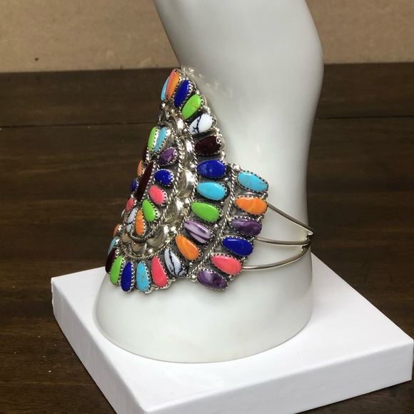 NAVAJO Handmade Native American Sterling Silver Multi Gemstone Petit Point Cuff - Picture 12 of 17